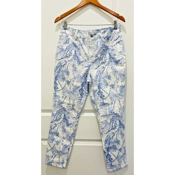 ELIE TAHARI Skinny Ankle Womens Pants White Blue Tropical Floral Bird Havana 10 - Picture 1 of 11